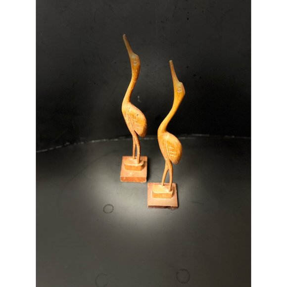 Hand Carved Mid Century Wooden Cranes Sculptures Set of 2 1960s
